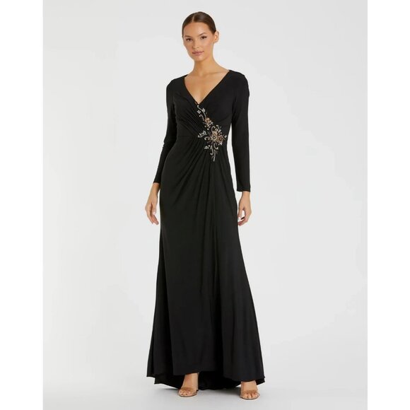 Mac Duggal Size 14 Black Faux Wrap Long Sleeve Gown with Appliqué Detail NEW - Picture 1 of 2